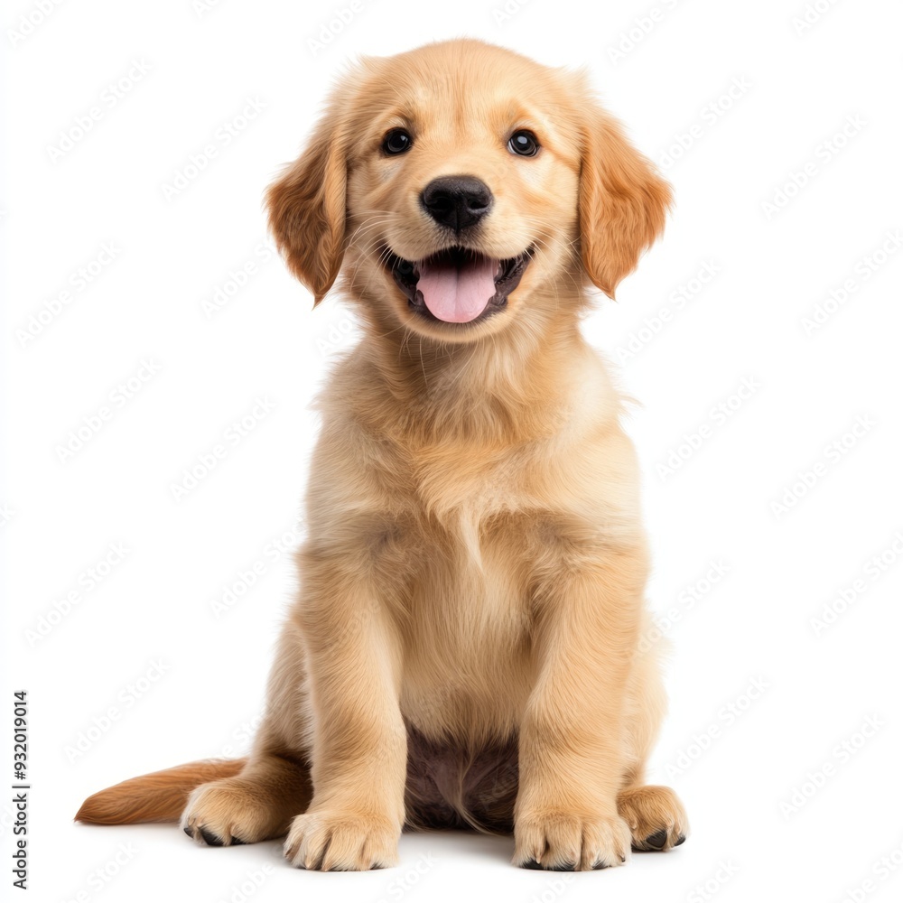 Golden Retriever Puppy Sitting with Tongue Out on White Background Golden Retriever Puppy Sitting with Tongue Out on White Background
