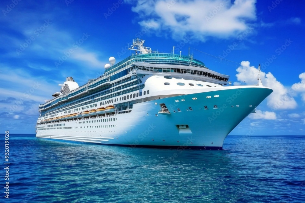 A magnificent cruise ship sails gracefully on calm blue waters under clear, sunny skies A magnificent cruise ship sails gracefully on calm blue waters under clear, sunny skies