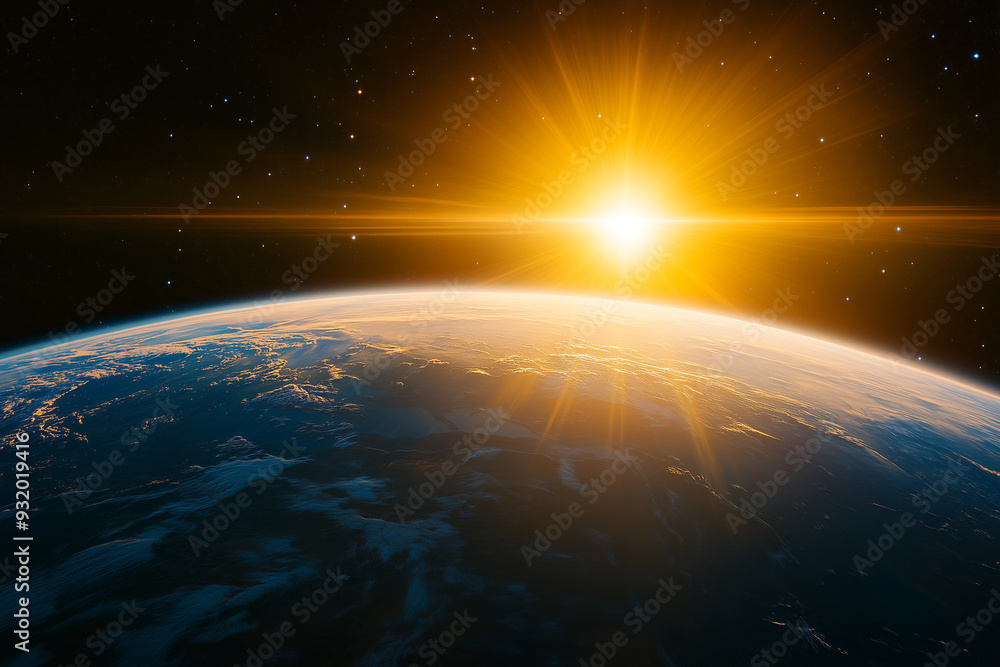 Obraz premium Partial silhouette of the Earth with sunlight outline in space