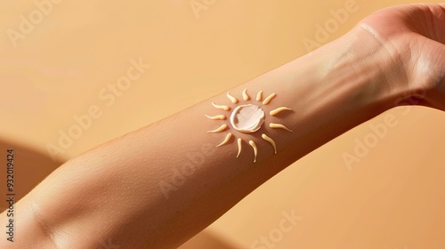 Suntan lotion on woman's arm in sun shape