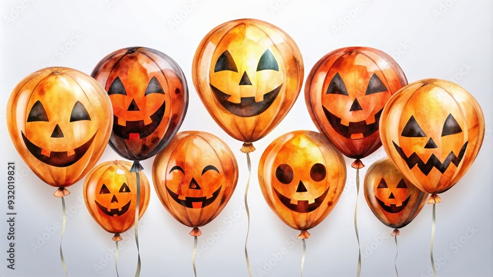 Obraz premium of Halloween balloons with jack-o'-lantern faces in watercolor style, Halloween, balloons, orange, violet, cute