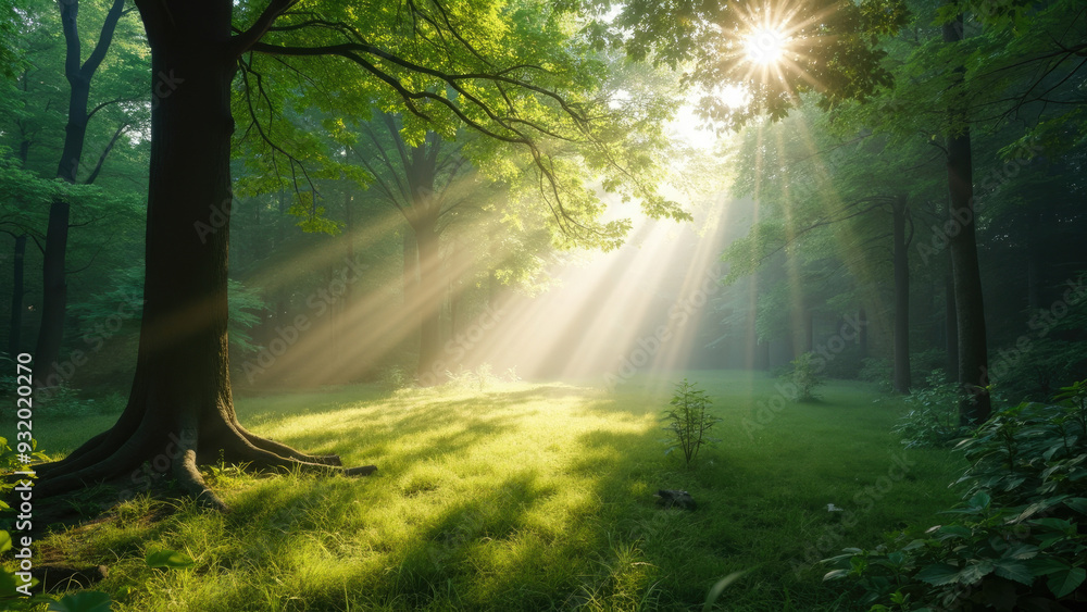 A lush green forest with sunlight streaming through the leafy canopy, creating a serene and peaceful ambiance, highlighting the beauty of nature's tranquility. A lush green forest with sunlight streaming through the leafy canopy, creating a serene and peaceful ambiance, highlighting the beauty of nature's tranquility.