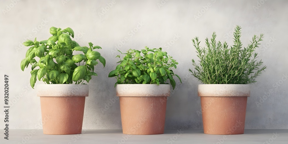 Three potted plants are lined up on a shelf Three potted plants are lined up on a shelf