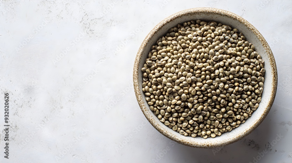 Nutritious hemp seeds arranged in a simple white bowl set against a smooth clean backdrop with ample copy space below This image showcases the healthy Nutritious hemp seeds arranged in a simple white bowl set against a smooth clean backdrop with ample copy space below This image showcases the healthy