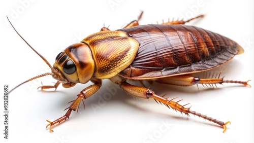 Close-up of a large German cockroach, a common household pest, with its shiny brown body and distinctive dark stripes, on a white background. photo