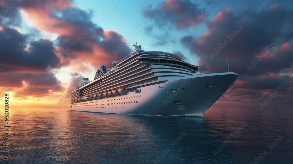 A Majestic Cruise Ship Gracefully Sailing into a Colorful Sunset Over Peaceful, Calm Waters A Majestic Cruise Ship Gracefully Sailing into a Colorful Sunset Over Peaceful, Calm Waters