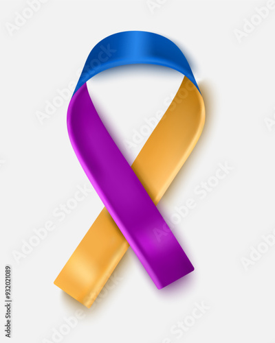 Realistic vector illustration of a lilac-yellow-blue ribbon informing about bladder cancer.