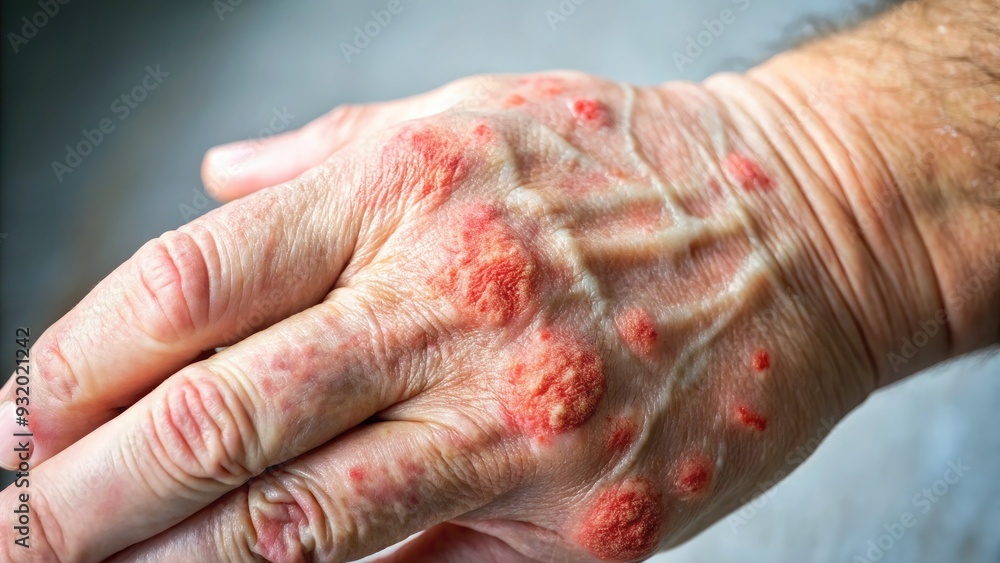 Close-up of a person's hand scratching their dry, flaky skin, revealing red inflamed patches, highlighting the discomfort and irritation of skin conditions like eczema. Close-up of a person's hand scratching their dry, flaky skin, revealing red inflamed patches, highlighting the discomfort and irritation of skin conditions like eczema.