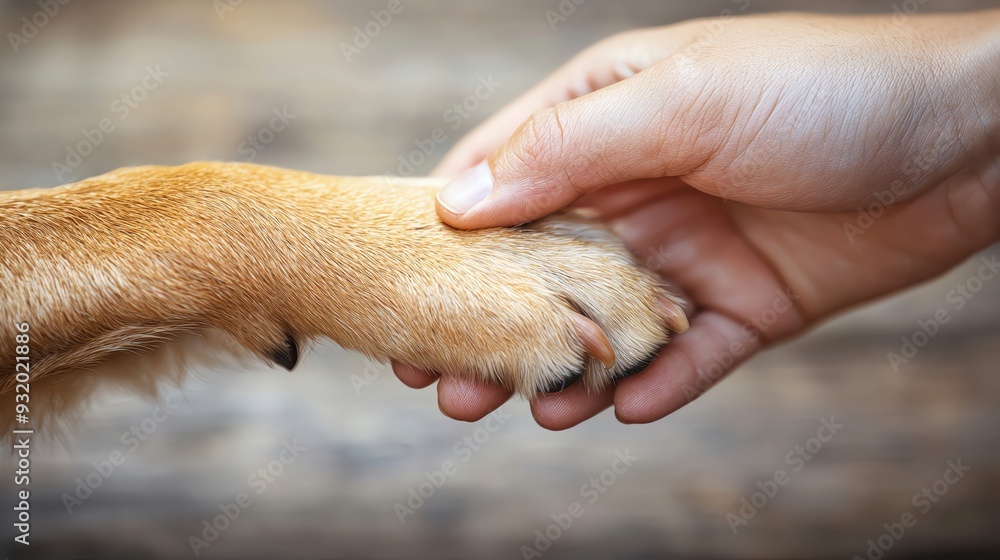 A tender moment showing a person holding a dog's paw, symbolizing friendship and connection between humans and pets. A tender moment showing a person holding a dog's paw, symbolizing friendship and connection between humans and pets.