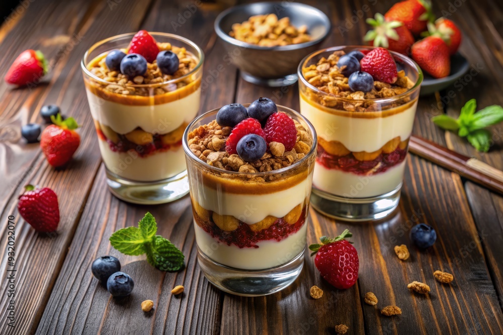 dramatic bird's eye view of creamy pudding parfaits with layered granola, fresh berries, and honey in tall glass cups on a dark wood table dramatic bird's eye view of creamy pudding parfaits with layered granola, fresh berries, and honey in tall glass cups on a dark wood table
