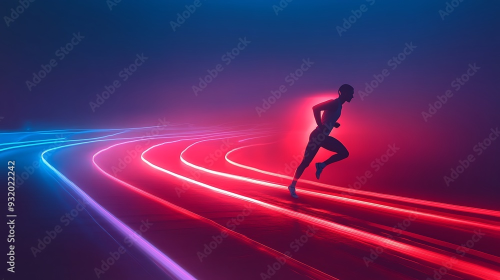 Graceful Speed: Runner Leaving Colorful Light Trail on Morning Track Graceful Speed: Runner Leaving Colorful Light Trail on Morning Track