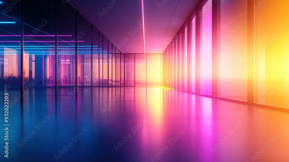 A vibrant, modern interior with neon lighting and a sunset view, creating a striking atmosphere ideal for contemporary designs. A vibrant, modern interior with neon lighting and a sunset view, creating a striking atmosphere ideal for contemporary designs.