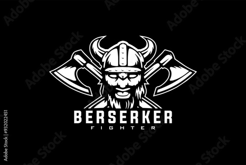 Viking logo design. Nordic warrior symbol. Creative Horned fighter emblem. Barbarian man head icon with horn helmet and beard crossed hammer. Brand identity vector illustration.