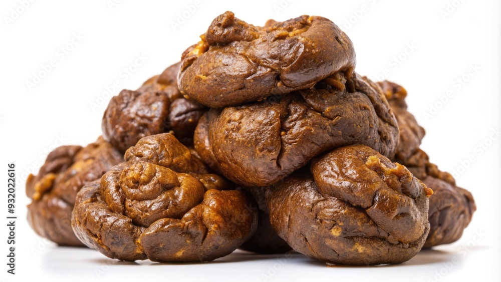 Close-up of brown feces with irregular shape and rough, lumpy texture, against a white background, showcasing the unpleasant and unappealing appearance of human waste. Close-up of brown feces with irregular shape and rough, lumpy texture, against a white background, showcasing the unpleasant and unappealing appearance of human waste.