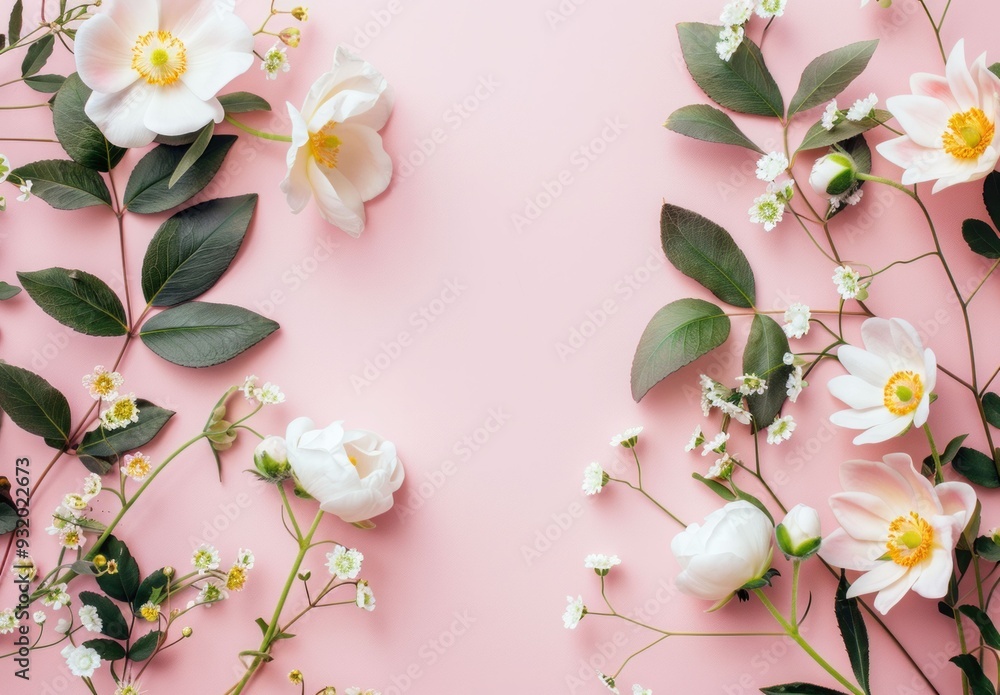 Elegant floral arrangement with white flowers and green leaves on a soft pink background Elegant floral arrangement with white flowers and green leaves on a soft pink background