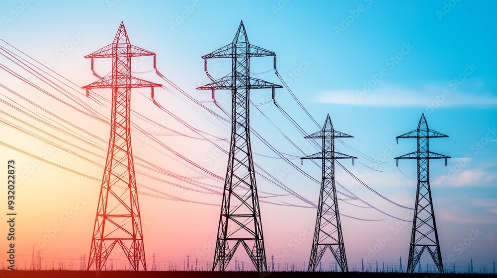 Silhouettes of power lines against a colorful sunset sky. Silhouettes of power lines against a colorful sunset sky.