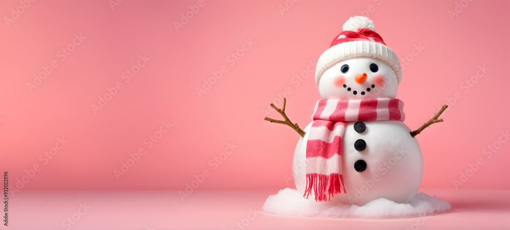 Smiling snowman with scarf and hat on pink with copy space Smiling snowman with scarf and hat on pink with copy space