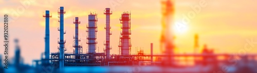Silhouette of an industrial refinery against a vibrant sunset.