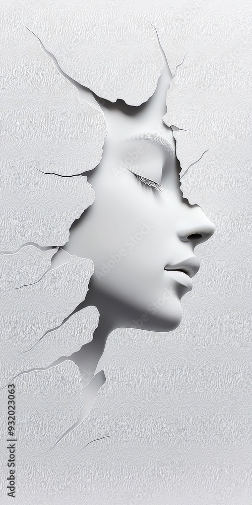 It's a white, abstract face with a cracked background.