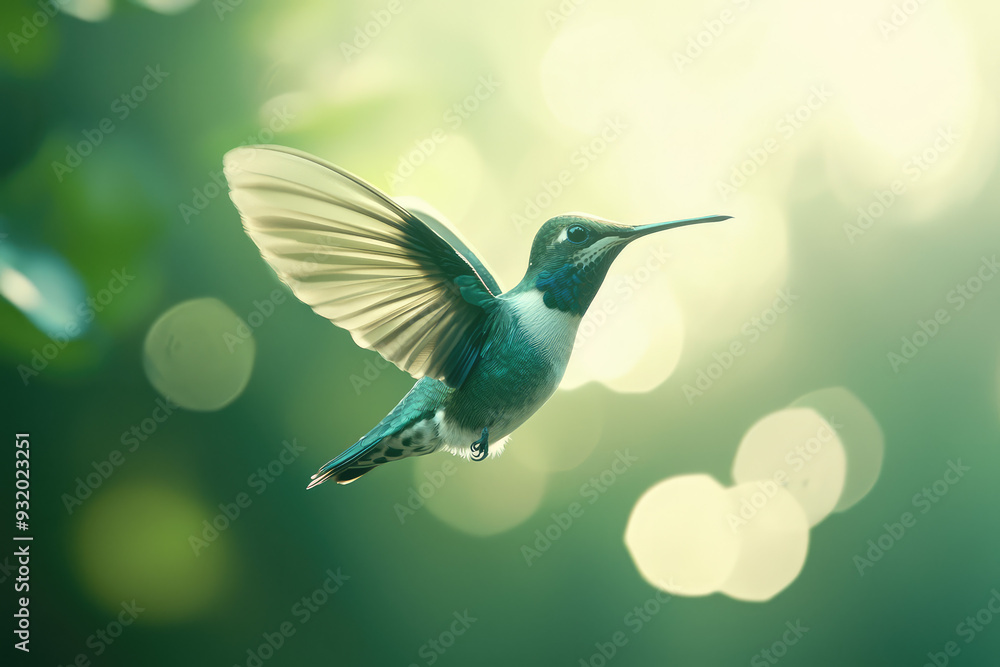 Fototapeta premium A Beautiful Hummingbird Captivatingly Hovering in Mid-Air, Showcasing Its Stunning Colors Against a Dreamy Background