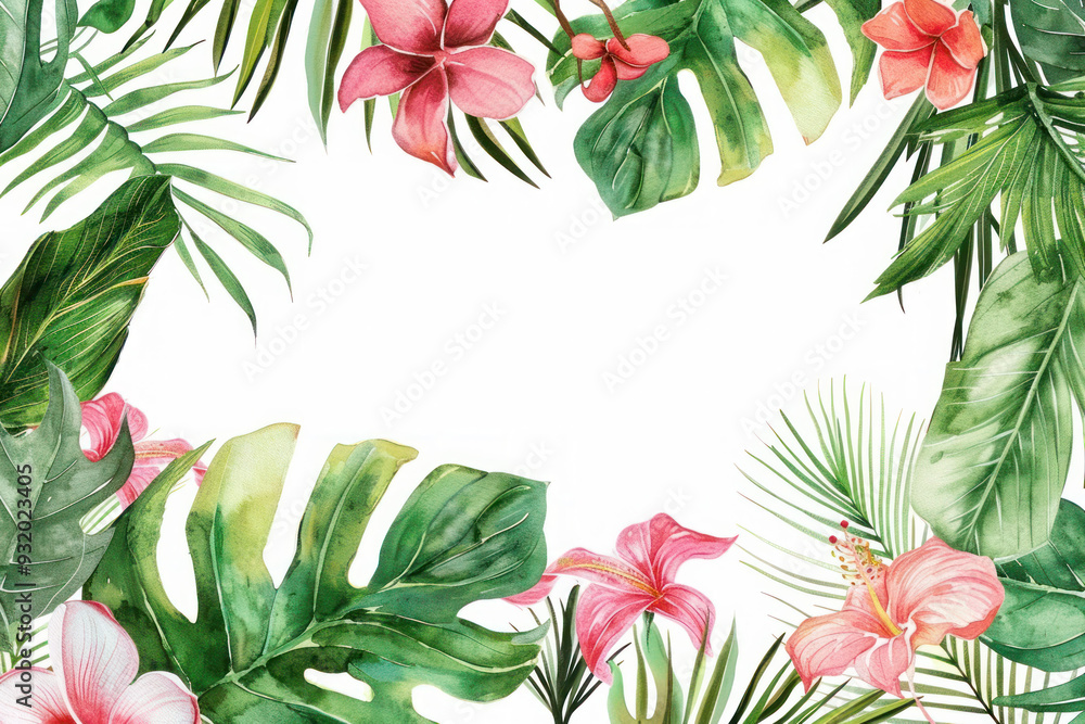 Tropical watercolor frame with lush green leaves and pink flowers in a vibrant, exotic design. Tropical watercolor frame with lush green leaves and pink flowers in a vibrant, exotic design.