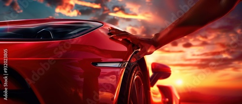 Hand Resting on a Red Sports Car Against a Dramatic Sunset. Generative ai