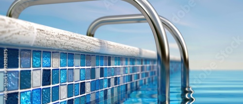 Swimming Pool Ladder and Blue Tile Detail. Generative ai