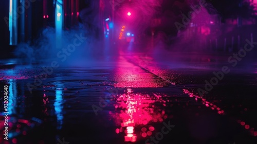 Neon City Street After Rain