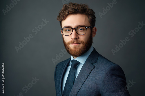 Young professional in a sharp suit exudes confidence and approachability against a sleek dark background. Perfect for branding.