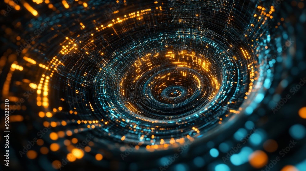 An abstract visualization of AI as a spiraling stream of data, representing the continuous processing and analysis of information in a complex, interconnected digital space An abstract visualization of AI as a spiraling stream of data, representing the continuous processing and analysis of information in a complex, interconnected digital space