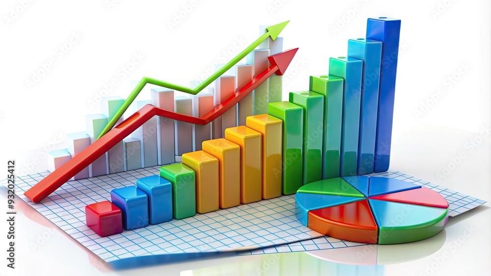 Colorful 3D graph and chart on a white background, featuring rising bars, lines, and pies, illustrating business growth, financial analysis, and market trends. Colorful 3D graph and chart on a white background, featuring rising bars, lines, and pies, illustrating business growth, financial analysis, and market trends.