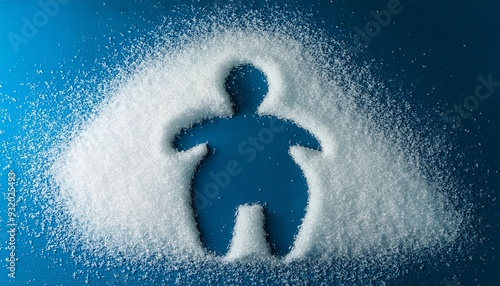 The silhouette or human figure of an obese man made inside a pile of sugar. Fat man, obesity, diabetes and related diseases. Blue surface.
