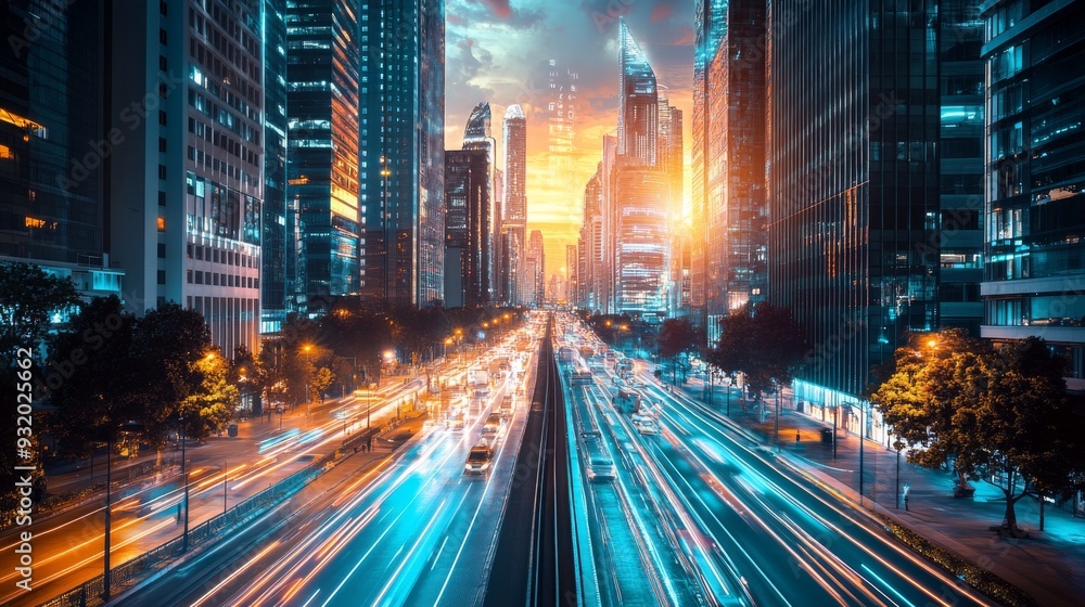 A futuristic cityscape with AI-powered infrastructure, where autonomous vehicles navigate seamlessly, and intelligent buildings adjust lighting and temperature based on real-time data A futuristic cityscape with AI-powered infrastructure, where autonomous vehicles navigate seamlessly, and intelligent buildings adjust lighting and temperature based on real-time data