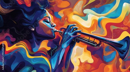 Abstract poster art for a jazz music performance, showcasing a dramatic close-up of a woman skillfully playing a trumpet