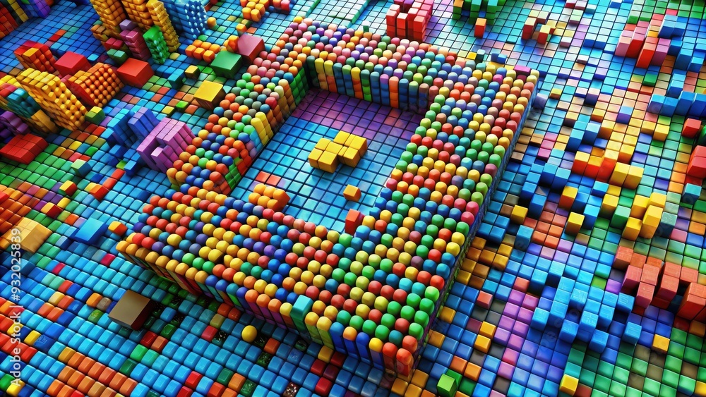 Fototapeta premium Colorful 3D pixelated letters and symbols scattered and arranged in a creative and modern way to represent digital communication and technology.