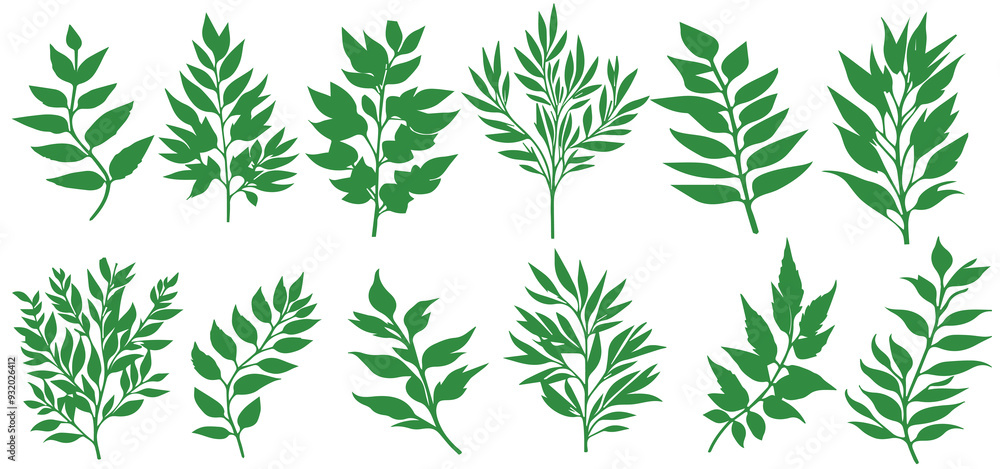 Set of hand drawn green flowers, herbs, leaves, twigs of flowers. Vector illustration Set of hand drawn green flowers, herbs, leaves, twigs of flowers. Vector illustration