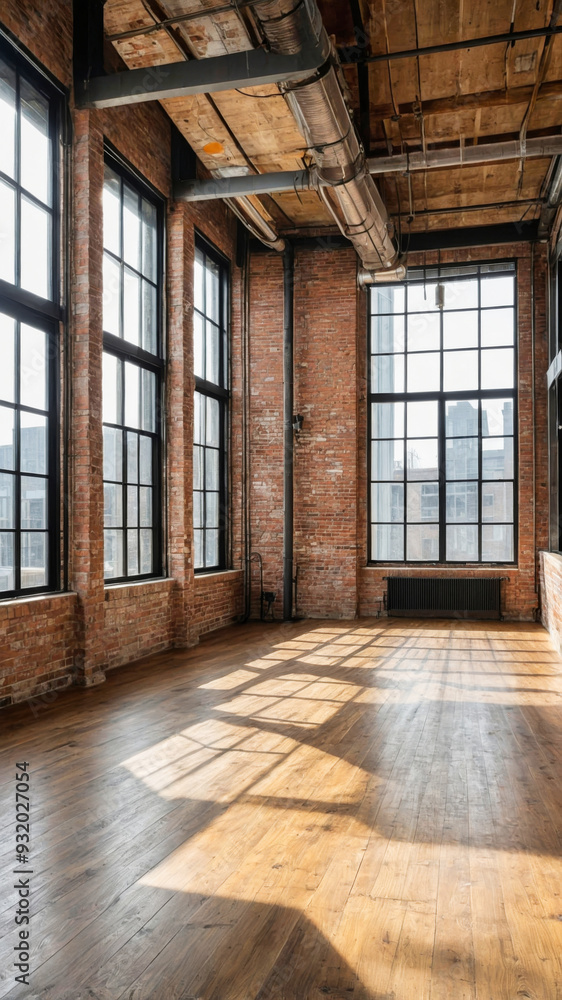 A spacious, modern industrial-style loft with large windows A spacious, modern industrial-style loft with large windows