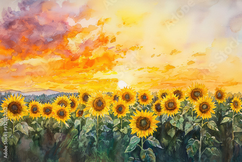 A breathtaking sunset illuminates a vibrant field of sunflowers, creating a picturesque scene of nature's beauty at twilight. photo