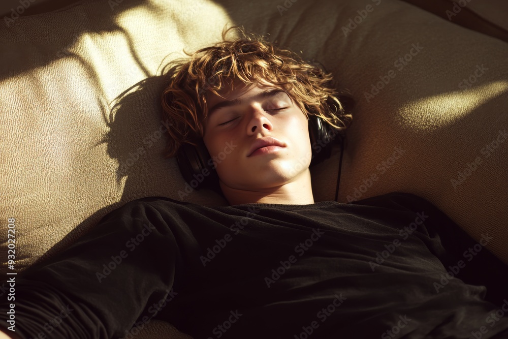 Tranquil and soothing image of a young man napping on a couch capturing the peacefulness comfort and relaxation of a restful moment in a cozy indoor setting Tranquil and soothing image of a young man napping on a couch capturing the peacefulness comfort and relaxation of a restful moment in a cozy indoor setting