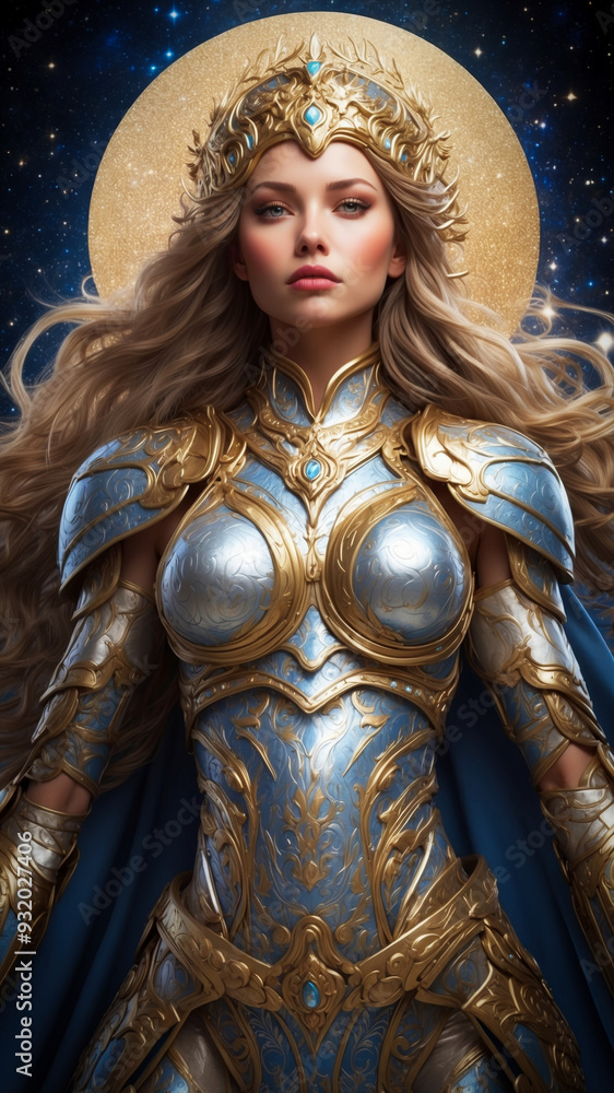 A valkyrie with metallic armor under a celestial sky A valkyrie with metallic armor under a celestial sky