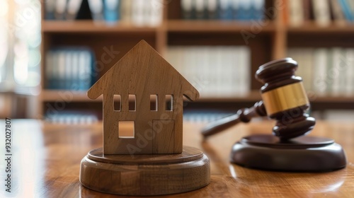 Wooden House Model and Gavel on a Table