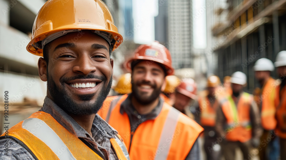 A group of smiling workers at a construction site A group of smiling workers at a construction site