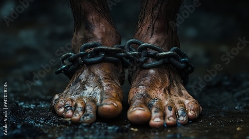 A man stands barefoot with heavy shackles on his feet in a murky setting