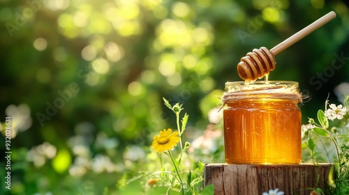 A rustic, natural scene featuring a wooden honey dipper resting on the edge of a glass jar filled with amber-colored honey. The honey is shown in mid-drip from the dipper, capturing the thick,