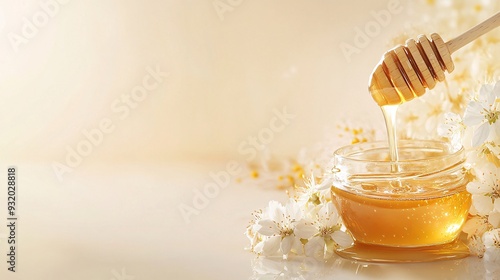 An elegant arrangement featuring a glass jar of honey with a wooden dipper resting on top. The honey is shown in mid-pour from the dipper, creating a glistening stream that reflects the light photo