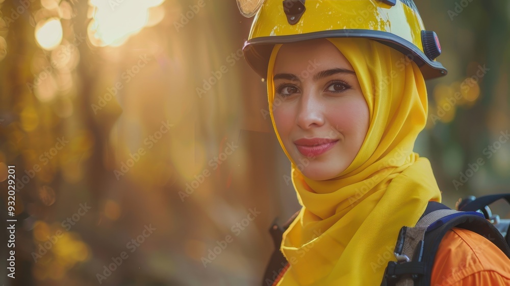 A hijab-clad woman poses happily in a forest, wearing safety gear during a bright, sunny day A hijab-clad woman poses happily in a forest, wearing safety gear during a bright, sunny day