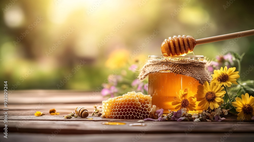 A vibrant shot of honey dripping from a honey dipper into a glass jar, with a close-up of fresh honeycomb placed beside it. The honey is shown with a rich, golden hue, creating a sense of warmth and A vibrant shot of honey dripping from a honey dipper into a glass jar, with a close-up of fresh honeycomb placed beside it. The honey is shown with a rich, golden hue, creating a sense of warmth and