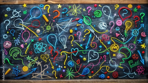 Colorful chaotic mess of nonsensical words and symbols scribbled on a worn chalkboard, conveying a sense of confusion and disorganized thinking.