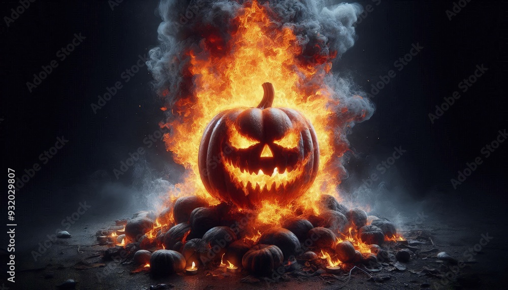 Naklejka premium Hyper-realistic photograph of a burning pumpkin with flames engulfing its carved face, set against a dark, eerie background