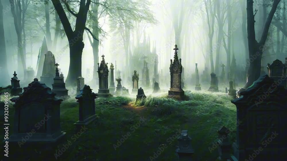 Foggy Cemetery with Gravestones in Mysterious Forest Foggy Cemetery with Gravestones in Mysterious Forest